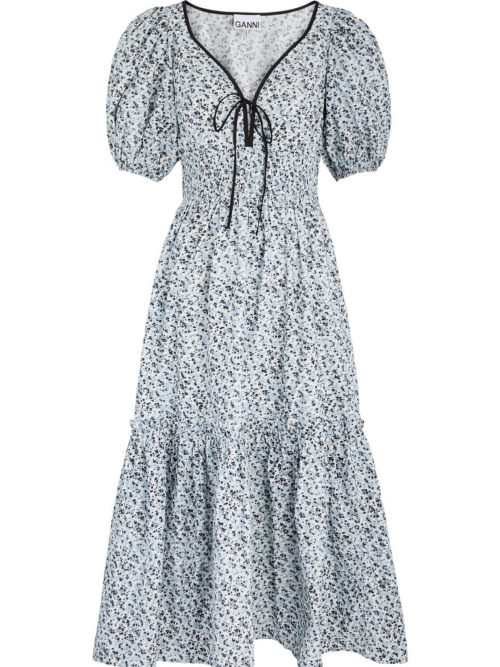 Ganni Blue Floral Printed Cotton Maxi Smock Dress